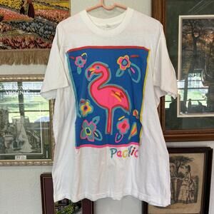 Vintage 80s RARE Pacific Pink Flamingo Colorful Floral Art Shirt Size‎ 3XL